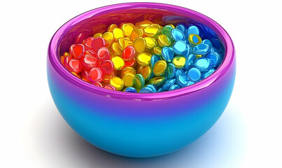 Rainbow candies bowl, vibrant, studio, white background, advertising