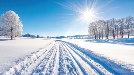 Fototapeta premium Winter Wonderland: Sunlit Snow-Covered Path