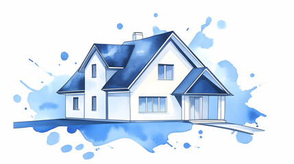Fototapeta premium Suburban house watercolor design, home architectural plan, real estate illustration, new house construction