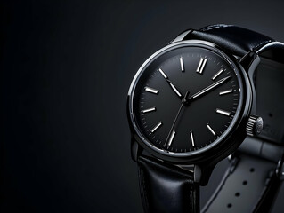 Elegant black wristwatch on dark background.