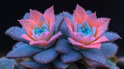 Two Dew Covered Succulents Blooming Beautifully