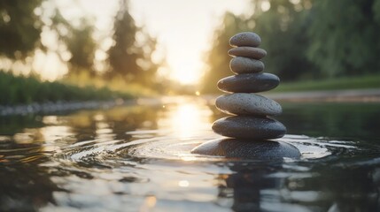 Obraz premium Tranquil Balance of Stacked Stones on Water Surface with Sunset Reflections in Nature