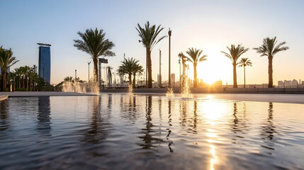 Obraz premium Sunset over city park reflecting in tranquil water feature, palm trees, modern buildings in background; ideal for travel brochure