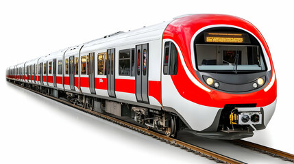 Fototapeta premium Modern red train on tracks, isolated