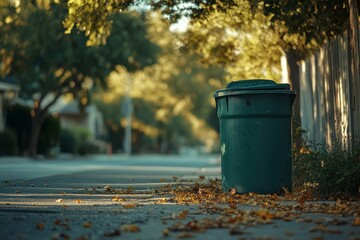 Naklejka premium Green trash can on suburban street with autumn leaves.