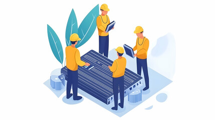 Team inspecting large server in office, background with leaves.  Useful for tech support, maintenance, or teamwork illustrations