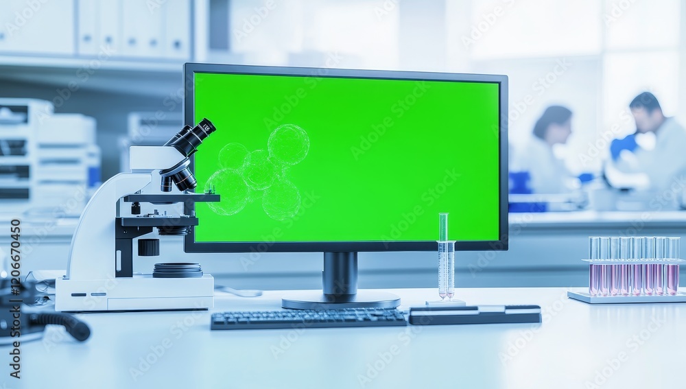 Poster green screen monitor in lab showing cells, microscope, scientists.
