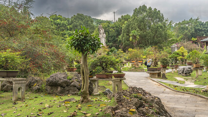 Fototapeta premium Bonsai tree Park. Lots of dwarf fancy potted plants. Fallen leaves on the lawn grass. A man walks along concrete paths. Tropical vegetation. China. Guizhou
