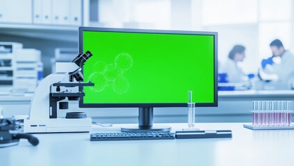 Green screen monitor in lab showing cells, microscope, scientists.