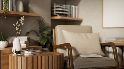 A wooden coffee table and a comfortable wooden armchair placed in a contemporary Scandinavian room.