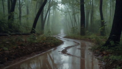Evening view of a flooded forest trail.