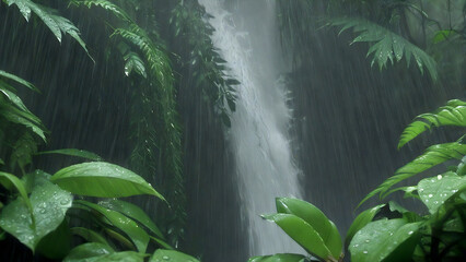 Naklejka premium Scenic waterfall visible through vibrant foliage.