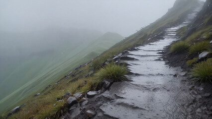 Scenic hillside path in misty mountain view.