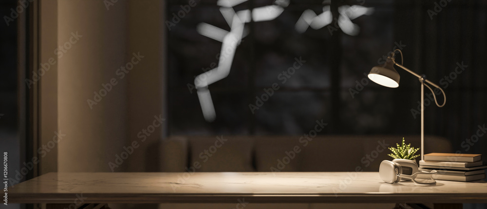 Canvas Prints a close-up of a space for displaying product on a tabletop in a dark living room at night.