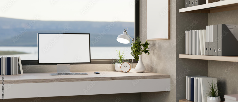 Poster a computer with a white screen mockup and decor placed on a desk against a large window.