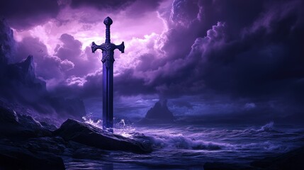 Naklejka premium Glowing sword in stormy purple sky by the ocean