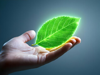 Glowing leaf held in a gentle hand.