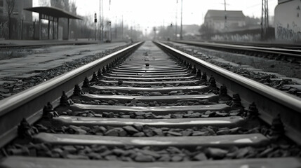 Naklejka premium Train tracks vanishing point, railway station background, transportation concept, travel imagery