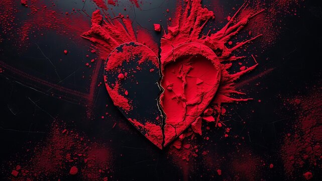 Red heart shaped powder on cracked black surface, symbolizing love heartbreak and emotional fragility, crack, broken