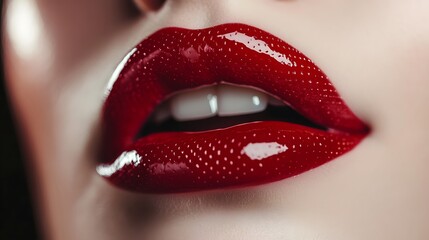 Fototapeta premium Closeup of glossy red lips with perfect teeth