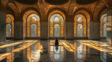 Obraz premium Golden Hour Serenity: A Person Meditating in a Majestic Hall