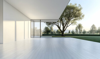 Obraz premium Modern house, patio, garden view, sunrise