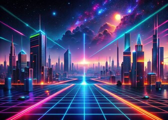 Cyberpunk drones patrol a neon-drenched cityscape, retro-futuristic stars blazing above glowing grids.