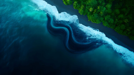 Serene coastline with gentle waves and greenery.