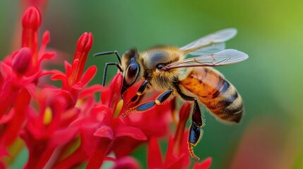 Naklejka premium Honeybee on Red Flower Macro Photography
