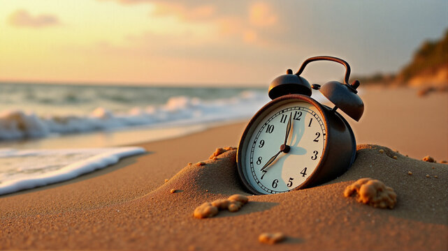 A clock buried in the sand at the edge of the ocean.