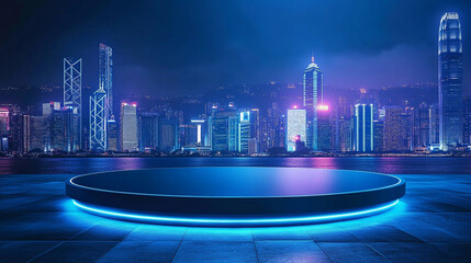 Stunning night view of a vibrant city skyline along the waterfront with illuminated buildings