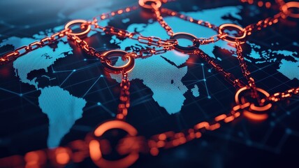 A digital map with interconnected chains symbolizes global networking and connectivity, emphasizing technological advancement and collaboration.