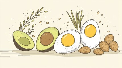 A minimalist depiction of a ketogenic breakfast, featuring high-fat, low-carb foods such as eggs