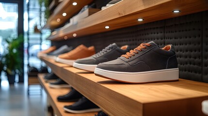 Sneakers displayed in a modern boutique, with chic interior design and polished display shelves