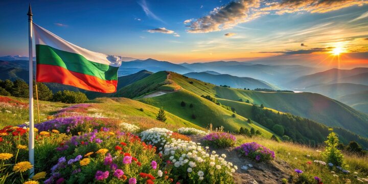 Discover Bulgaria's picturesque landscape: majestic mountains, rolling hills, and breathtaking scenery framed by iconic triangular flags.