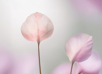 Fototapeta premium Two delicate, pale pink petals on slender stems stand out against a soft, blurred background of similar hues. The image evokes a sense of serenity and gentle beauty.