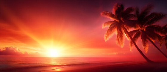 Obraz premium Vibrant sunset over tranquil ocean and palm trees.