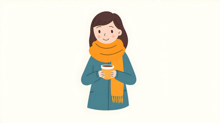 Woman enjoys warm drink outdoors on cold day; winter lifestyle illustration