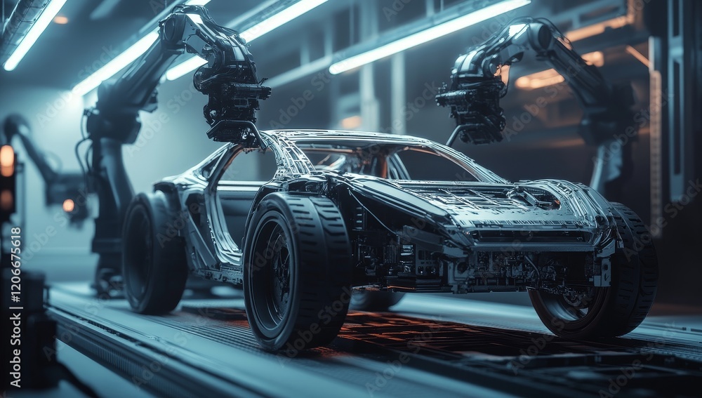 Poster robotic arms assembling futuristic car chassis on assembly line.