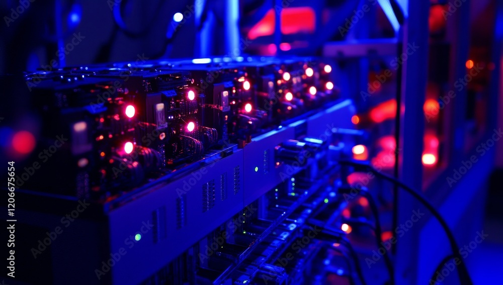 Poster Close-up of illuminated server rack with red and blue lights.