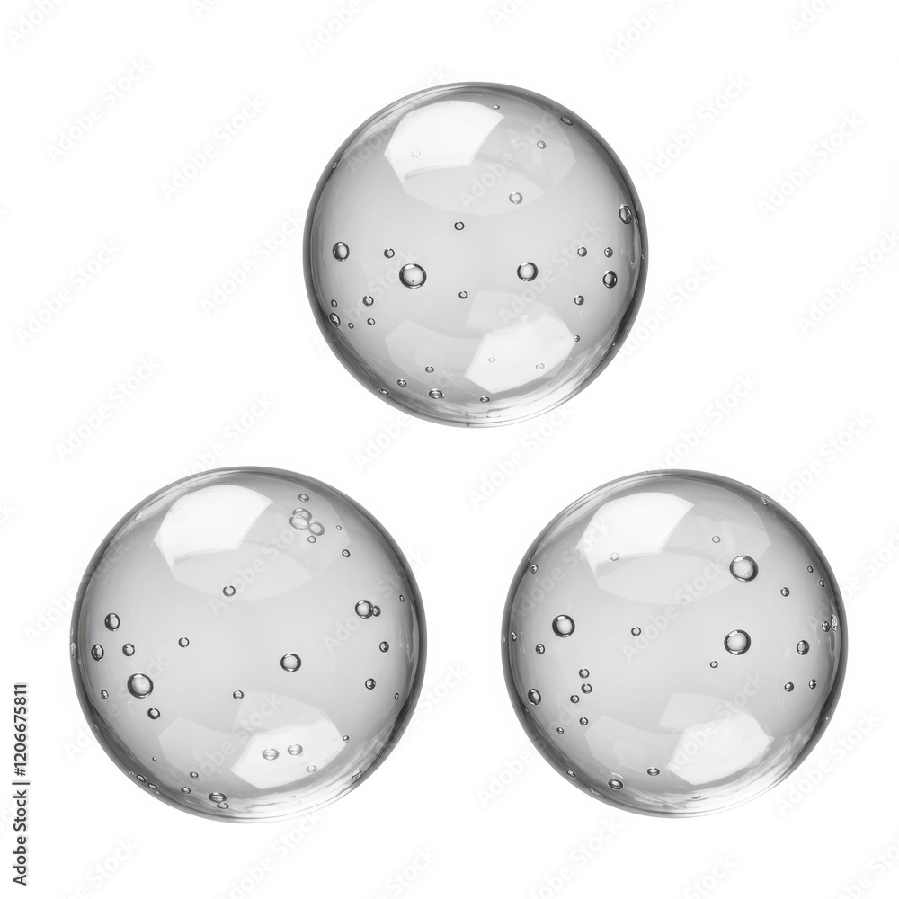 Poster a set of three clear floating bubbles of varying sizes with light reflections and small air pockets 