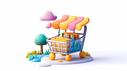 Colorful 3D Shopping Cart with Groceries Surrounded by Greenery and Clouds for Use in Commercial Designs and Illustrations on Retail and E-commerce Themes
