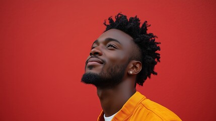 Man looking up with bright orange jacket and red background