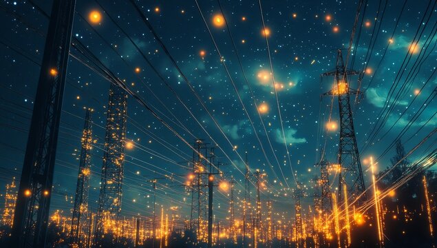 Illuminated power lines at night, resembling a starry sky.