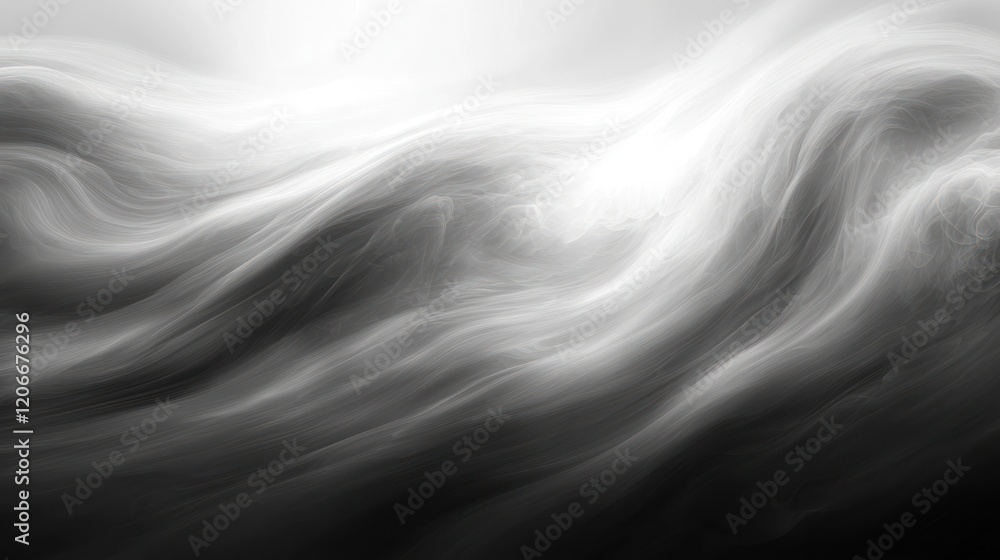 Poster abstract grayscale artwork depicting flowing, ethereal waves of light and shadow, creating a serene 