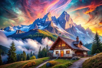 Fototapeta premium Dreamlike double exposure: mountain house and surreal landscape artfully merged for a breathtaking scene.