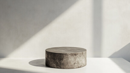 Textured concrete platform casting shadows in minimalistic interior design