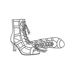 Heel boots for women with string vector line art. Top, and side view. Technical sketch hand drawing outline vector doodle illustration. 