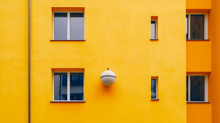 Fototapeta premium Yellow building exterior, windows, minimalist design, urban architecture, perfect for real estate or architectural design