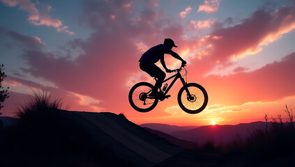 Obraz premium A silhouette of a mountain biker jumping off a dirt ramp at dusk, with dynamic clouds and a glowing pink-orange horizon in the background.